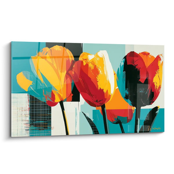 Tableau Tulipes jaunes et rouges aux tiges noires striées - Collage pop turquoise - Edition Tulipe