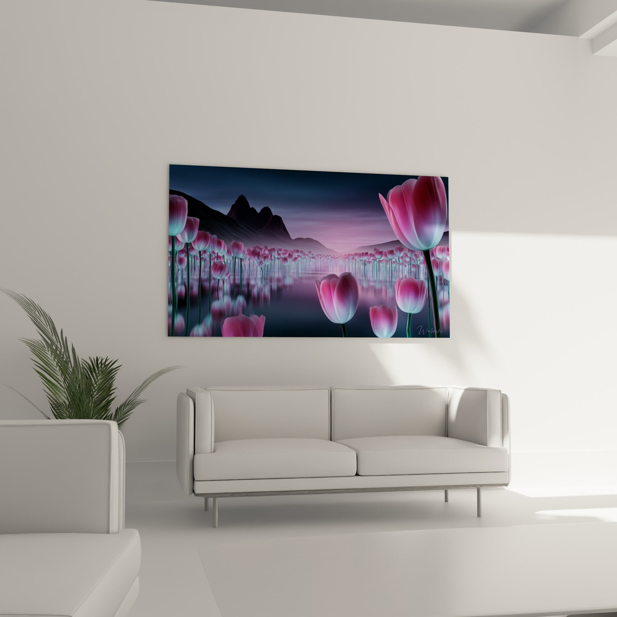 Tulipes roses lumineuses vers des montagnes anthracite au-dessus d'un canapé dans un salon lumineux