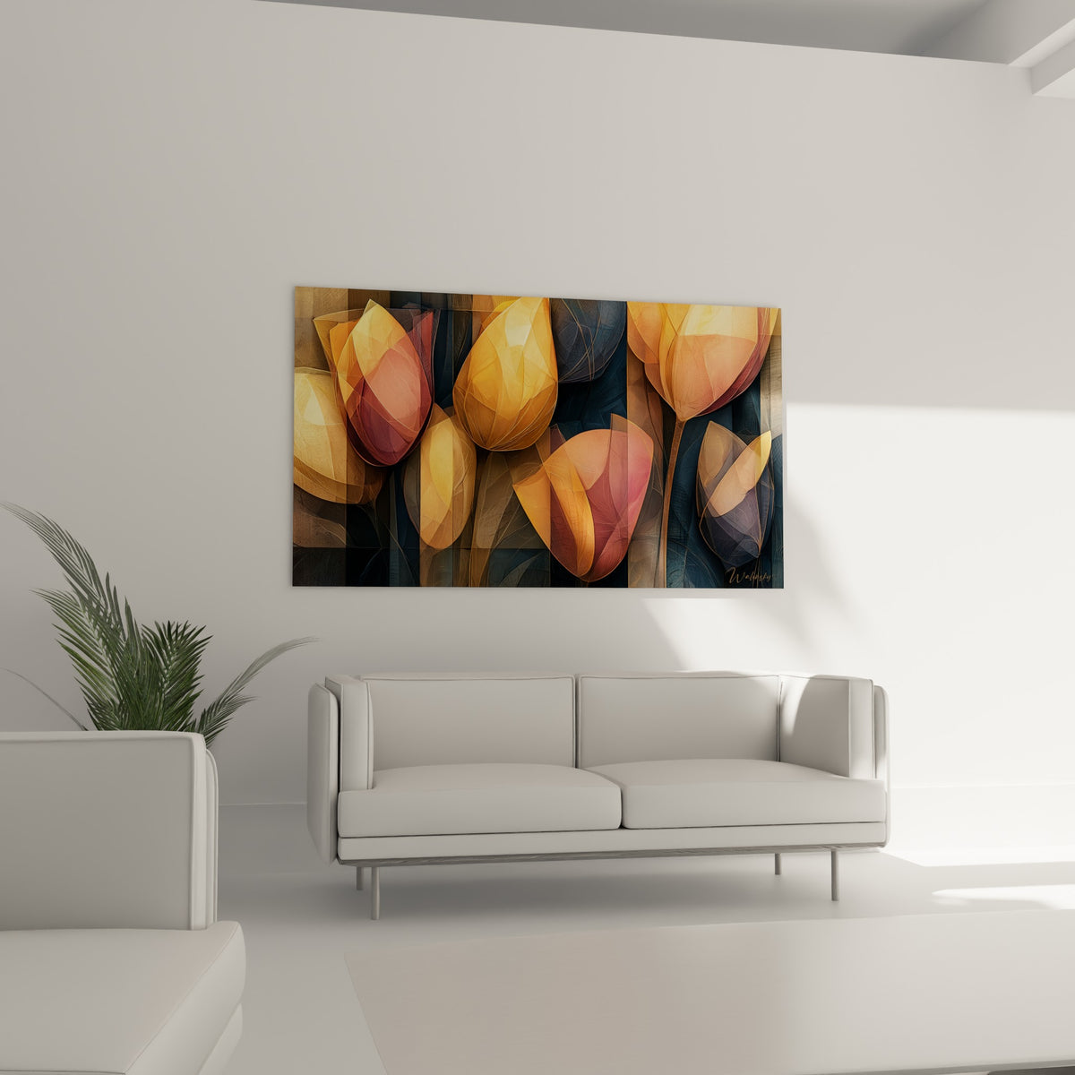 Fleurs de tulipe translucides mêlant orange et anthracite, au-dessus d'un canapé dans un salon lumineux