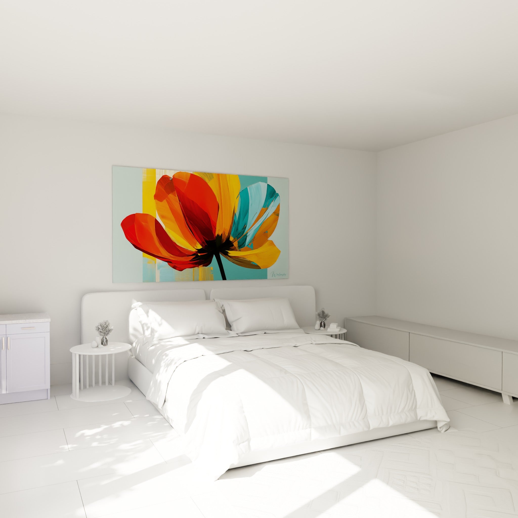 Pétales rouge orangé et turquoise de la tulipe accrochée au-dessus d'un lit dans une chambre claire