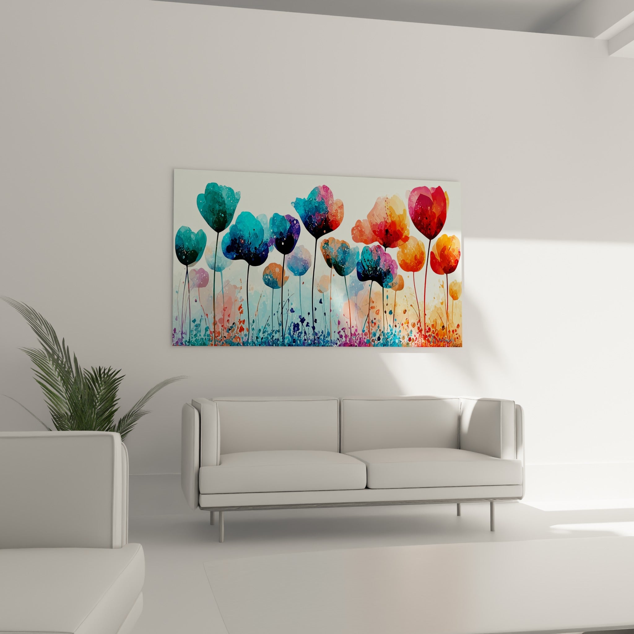 Fleurs aquarelle bleu marine et orangées disposées au-dessus d'un canapé dans un salon lumineux
