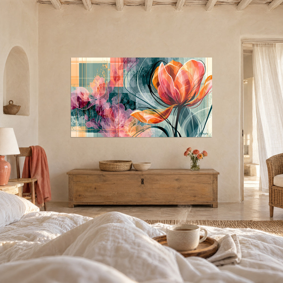 Tableau corolle orange vif striée de fins traits blancs, tiges noires sur fond vert-de-gris, au-dessus d'un lit dans une chambre claire