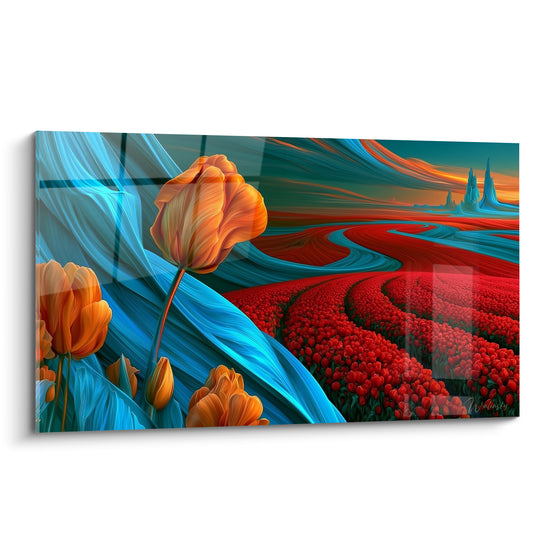 Tulipes orange et champ rouge ondulant sous des vagues bleu turquoise abstraites