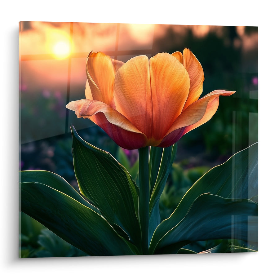 Tableau Tulipe orange épanouie au coucher du soleil - Éveil du crépuscule - Edition Tulipe