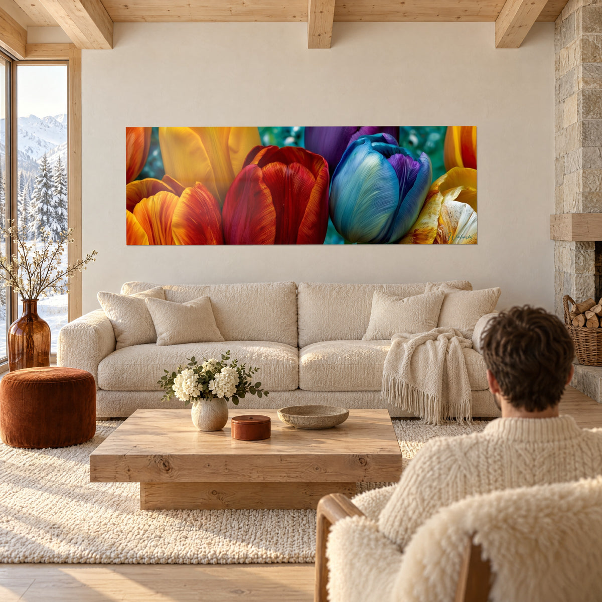 Tableau tulipes serrées, rouge carmin et bleu glacier sur fond turquoise flou, au-dessus d'un canapé dans un salon lumineux