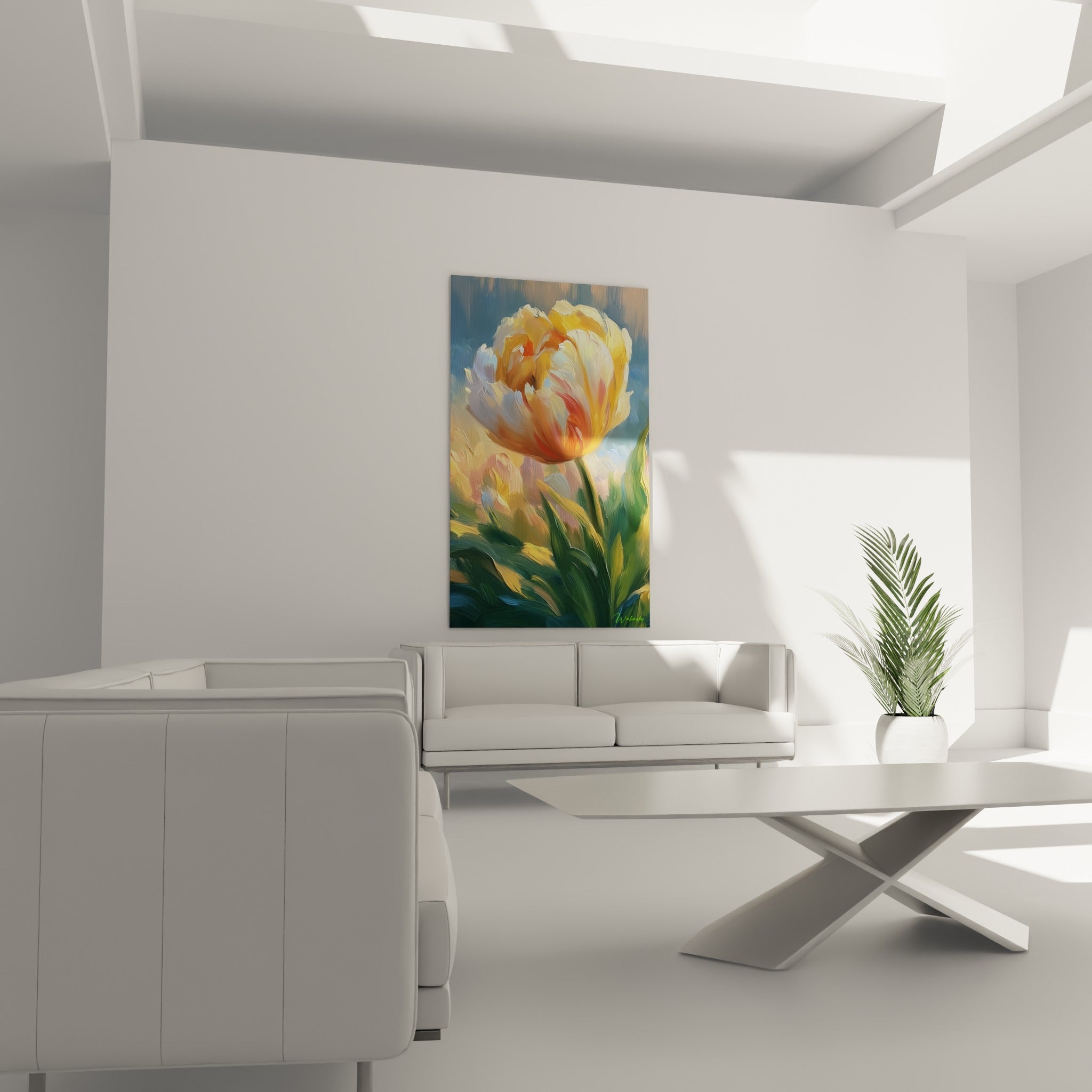 Pétales de tulipe jaune vif et orangé accrochés au-dessus d'un canapé dans un salon lumineux