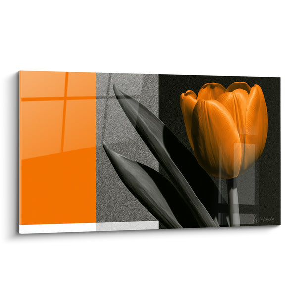 Tableau Tulipe orange et grise aux carreaux vitrés - Reflet de fenêtre - Edition Tulipe