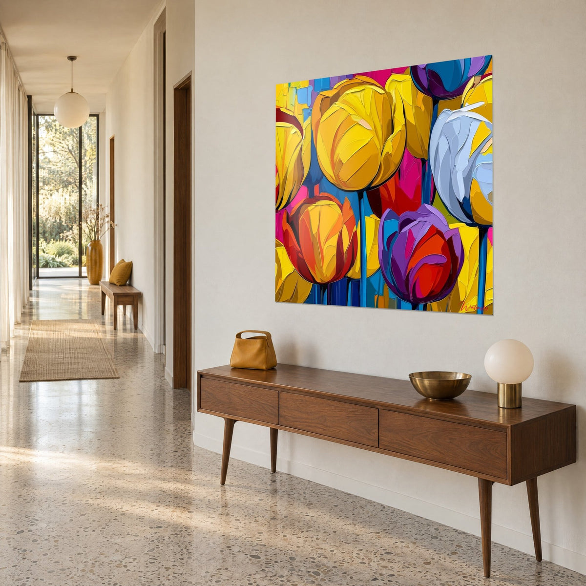 Wall art thick-textured tulips, lemon yellow, violet and pale blue petals, seen at three-quarter angle in a hallway above a wooden cabinet