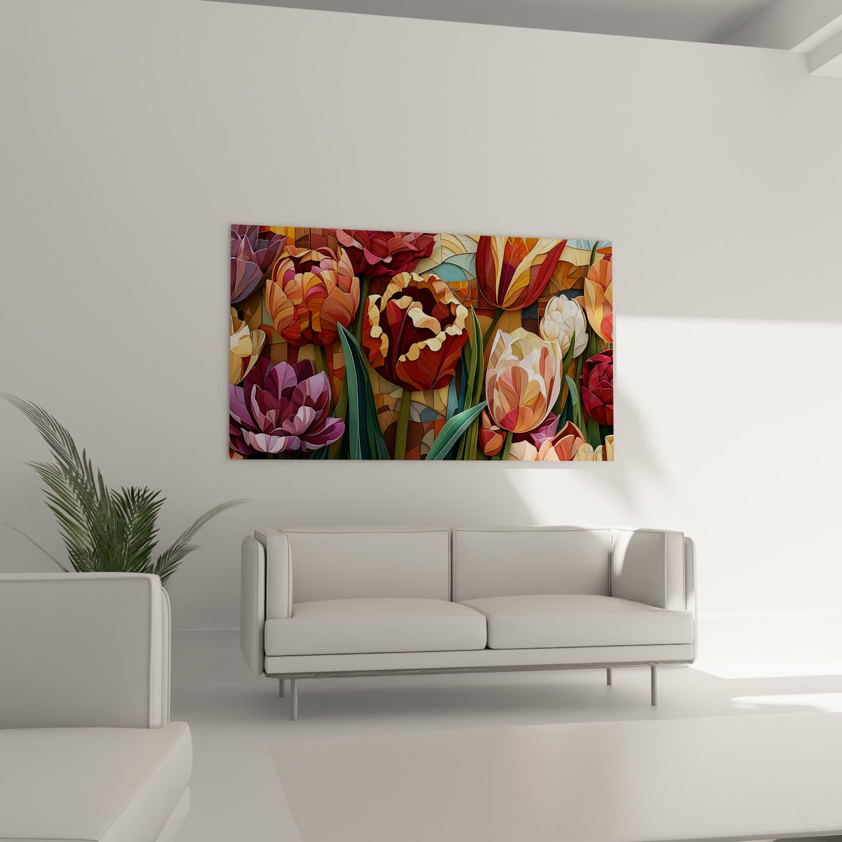 Tulipes mauves et orangées en aplats graphiques, disposées au-dessus d'un canapé dans un salon lumineux