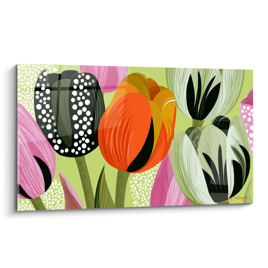 Tableau Tulipe noire et orange aux pétales pointillés - Fond vert anisé - Edition Tulipe