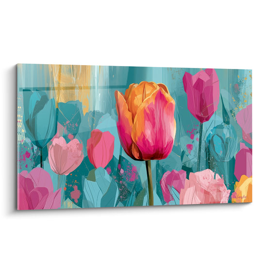 Tulipe orange et rose épanouie sur fond turquoise, entourée de fleurs peintes en camaïeu vif