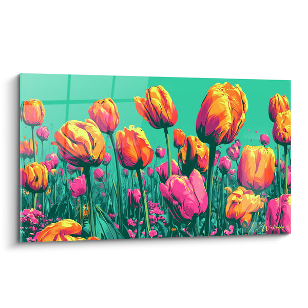 Tableau Tulipes orange et roses sur fond turquoise vitré - Champ dense de fleurs - Edition Tulipe