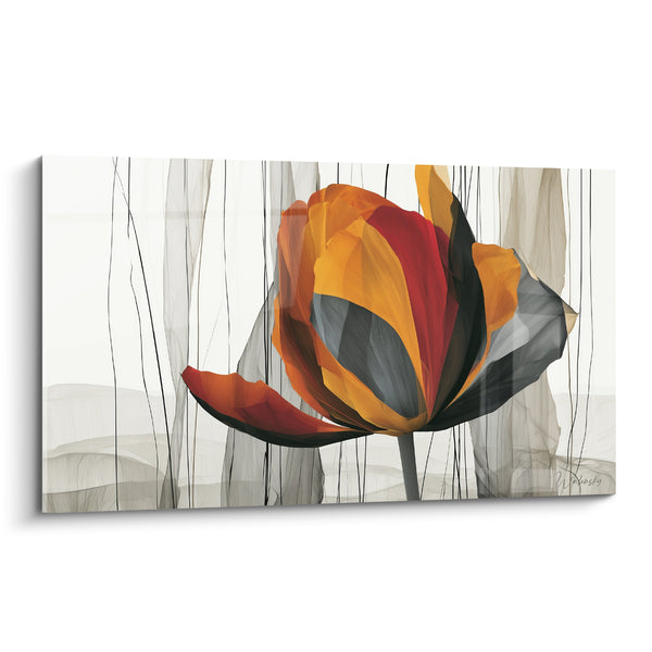 Tableau Tulipe orange et anthracite aux fils suspendus - Voile linéaire vertical - Edition Tulipe