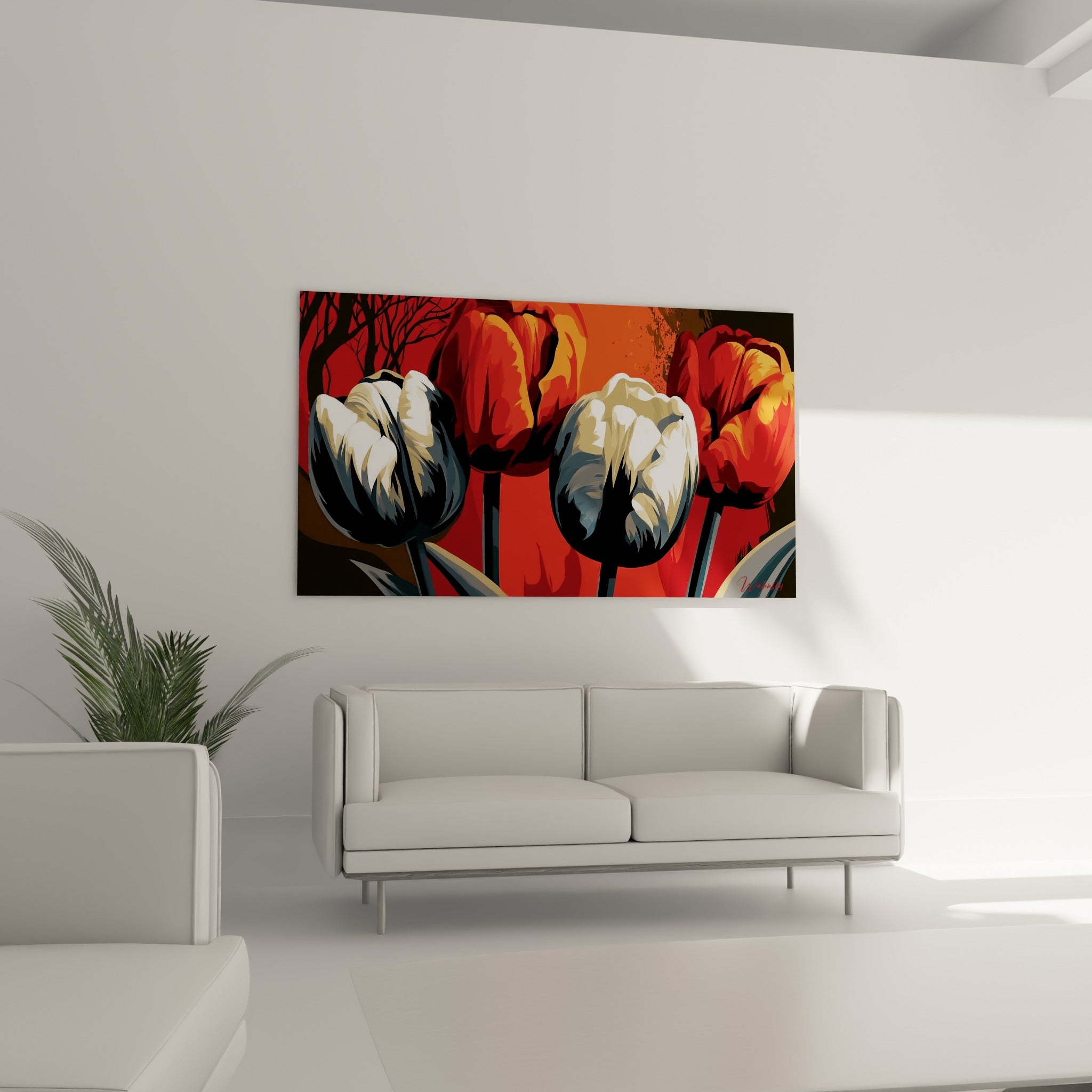 Fleurs orange et rouge stylisées accrochées au-dessus d'un canapé dans un salon lumineux