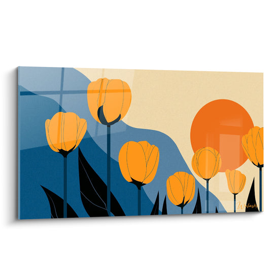 Tulipes orange aux tiges bleu marine se dressant devant un soleil ocre, composition graphique épurée