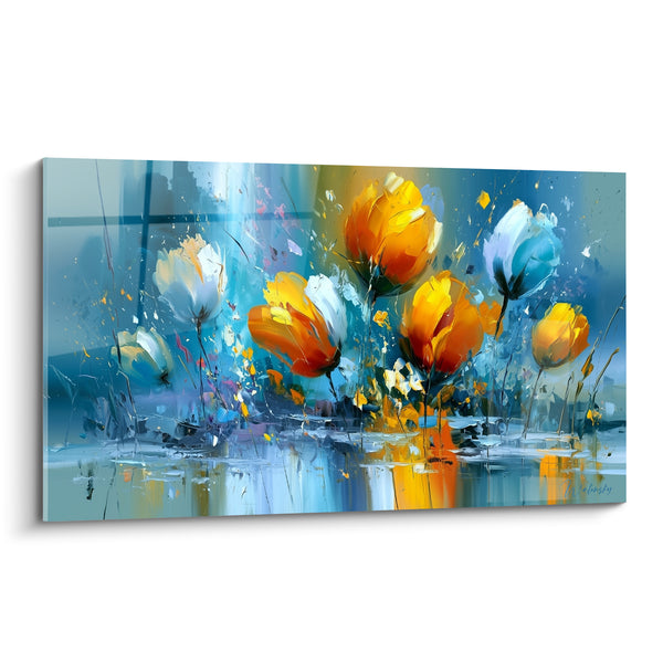 Tableau Tulipes orange et bleu turquoise éclaboussées de peinture - Reflet aquatique scintillant - Edition Tulipe