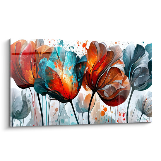 Tulipes orange et bleu turquoise translucides, pétales aquarelle sur fond blanc éclaboussé