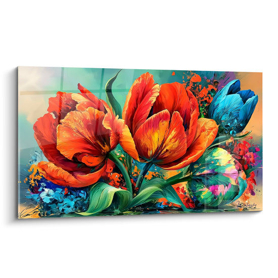 Tulipes orange et bleu turquoise aux pétales froissés, composition florale vive et lumineuse