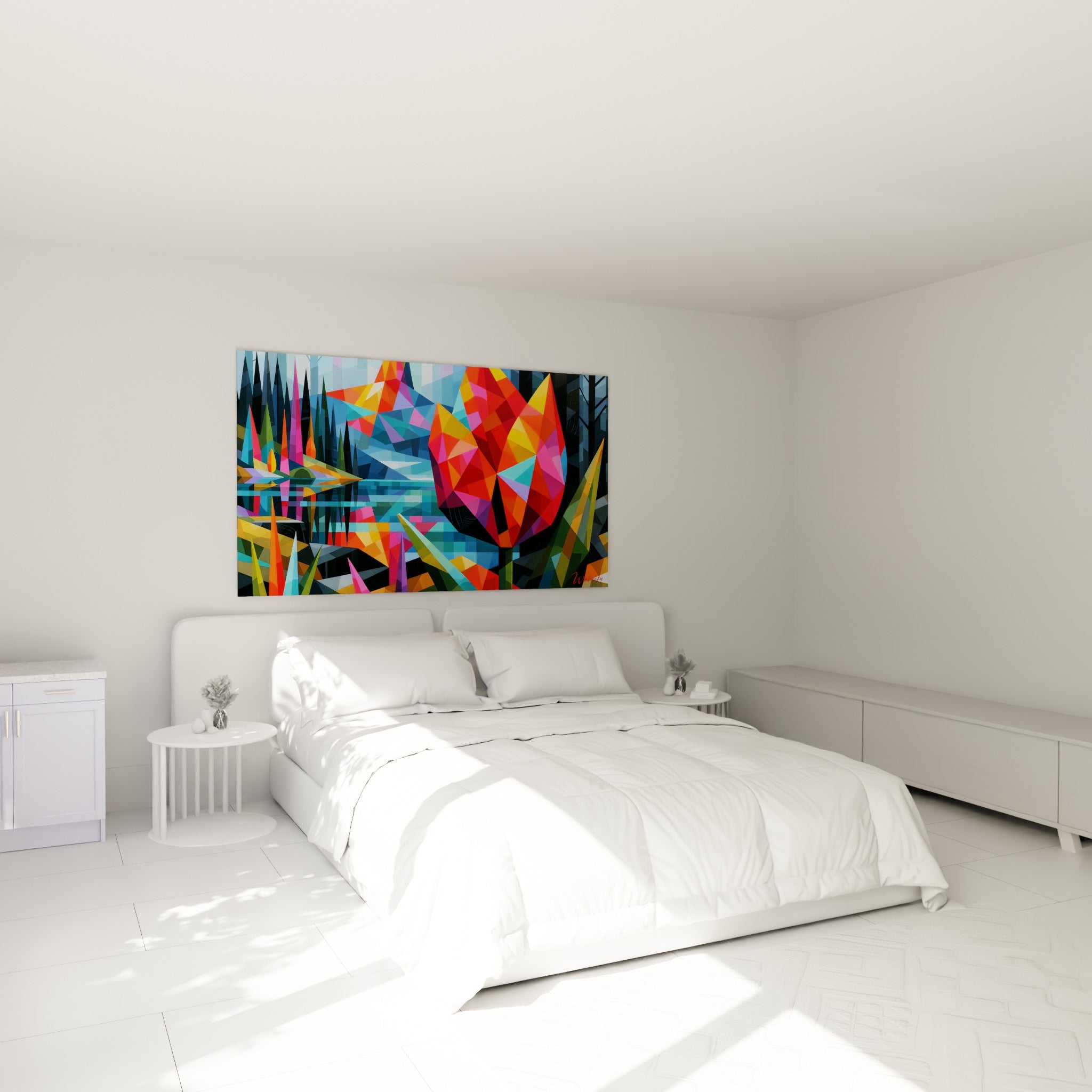 Fleur tulipe orange et turquoise en pointes cristallines au-dessus d'un lit dans une chambre claire