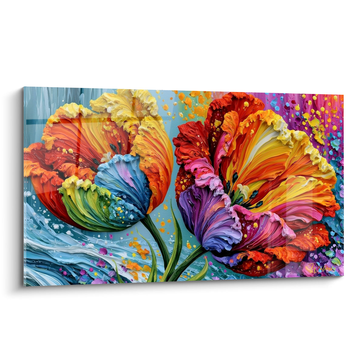 Tulipes orange, turquoise et violet aux pétales texturés en peinture épaisse et éclatante