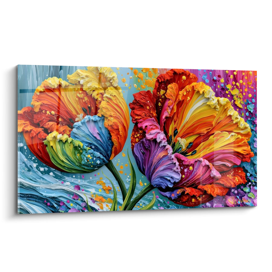 Tableau Tulipes jaunes et violettes aux pétales texturés - Éclaboussures multicolores sur fond turquoise - Edition Tulipe