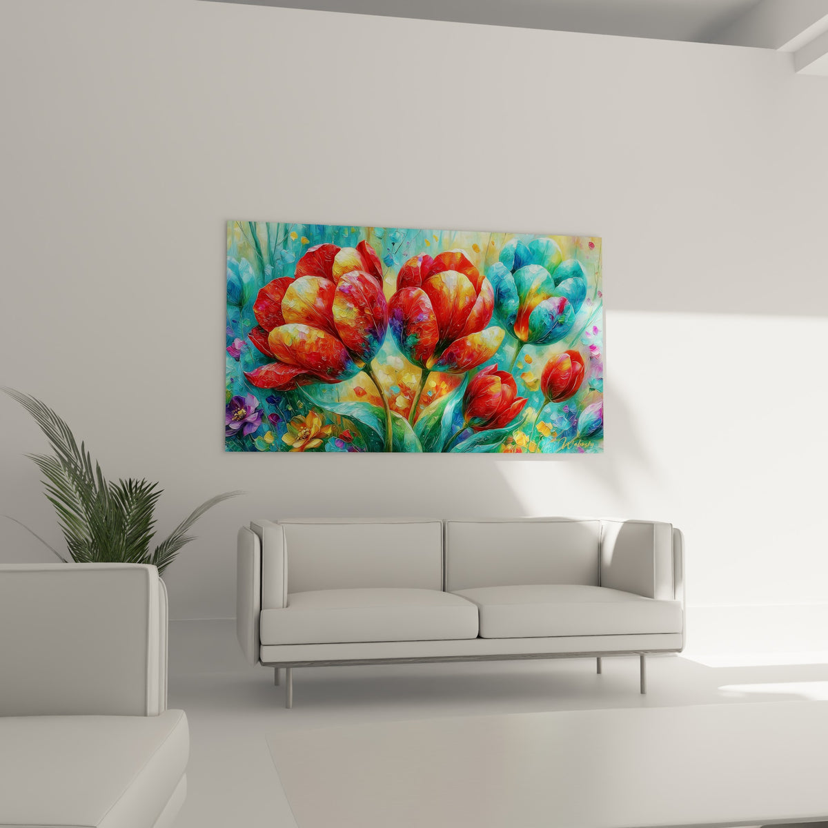 Fleurs de tulipes orangées et bleu turquoise en pleine floraison au-dessus d'un canapé dans un salon lumineux