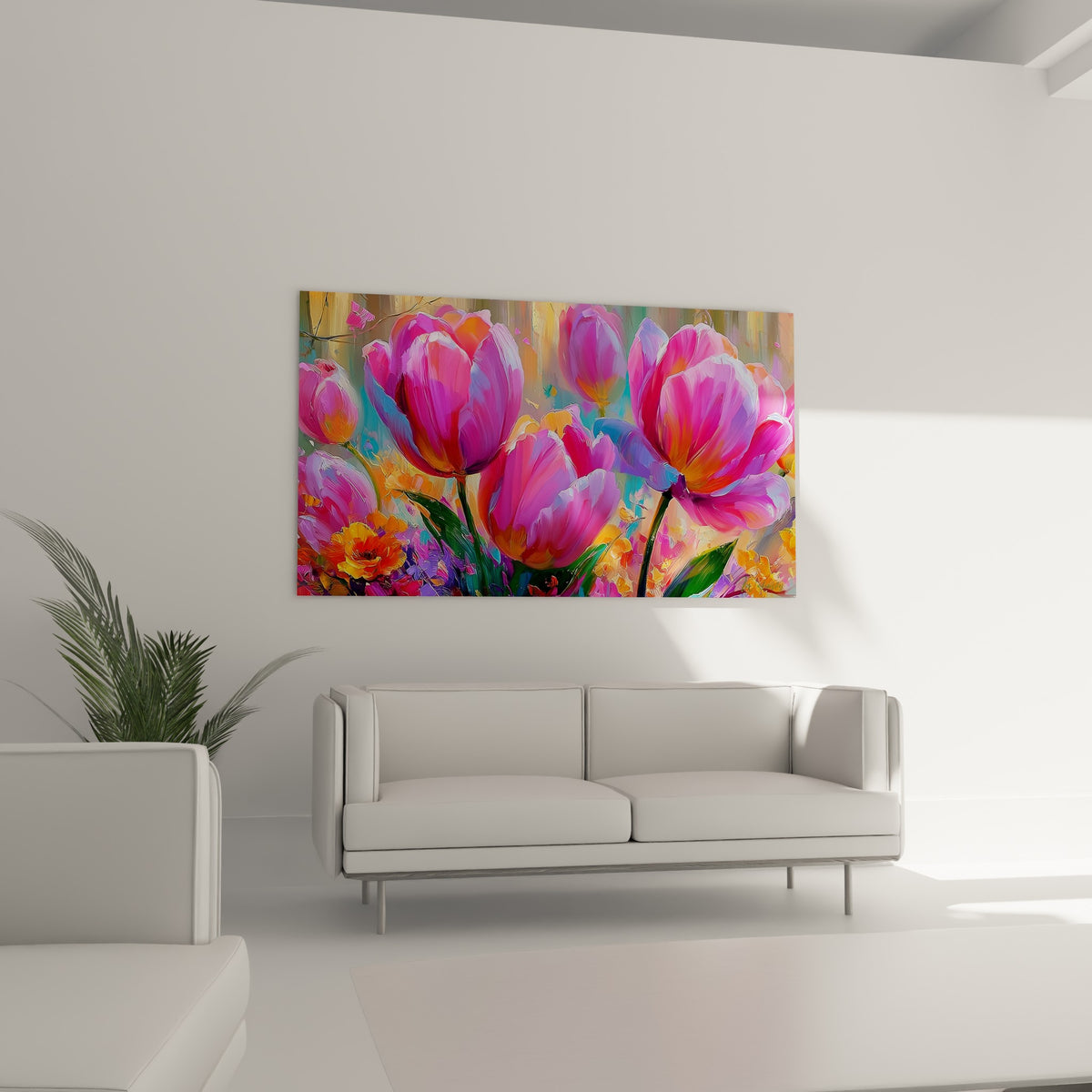 Fleurs de tulipe rose vif et violet lavande aux touches orangées, suspendues au-dessus d'un canapé dans un salon lumineux