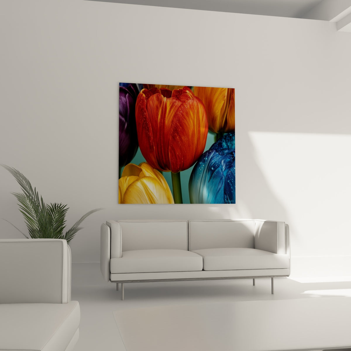 Pétales de tulipe orange et jaune dorée illuminés, disposés au-dessus d'un canapé dans un salon lumineux