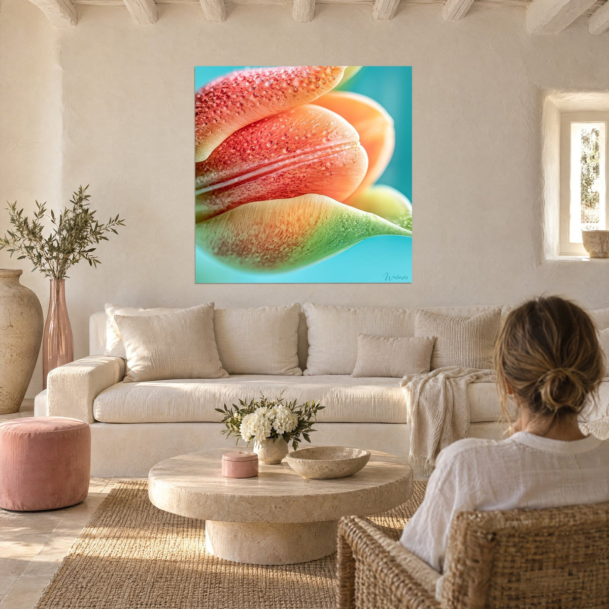 Tableau tulipe corail perlée de rosée sur fond turquoise, pétales dégradés vers le vert, au-dessus d'un canapé dans un salon lumineux