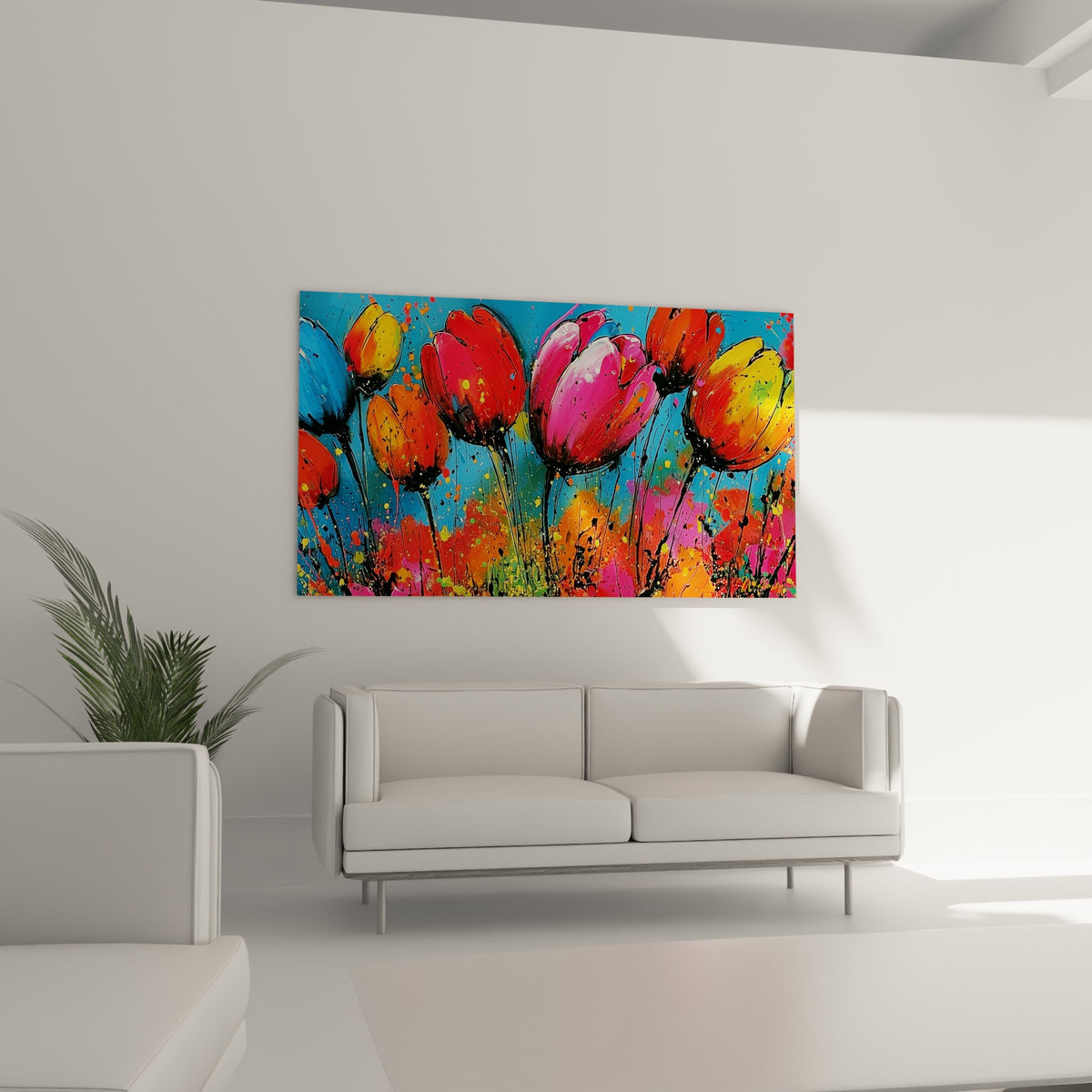 Tiges noires et pétales orange vif de tulipes suspendues au-dessus d'un canapé dans un salon lumineux