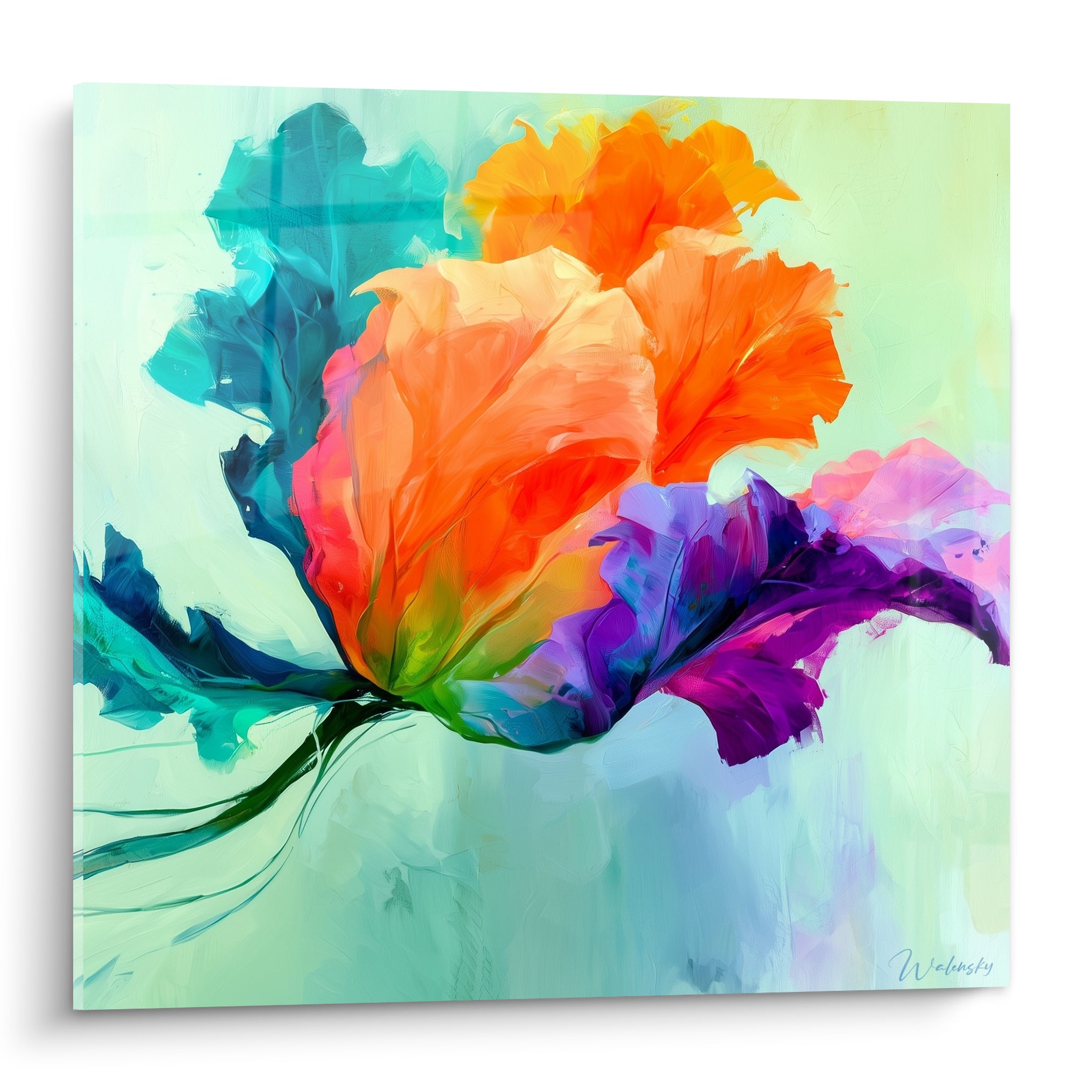 Tulipe orange et violette aux pétales déployés, fond menthe pastel, style peinture texturée