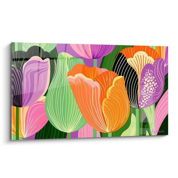 Tableau Tulipes orange et vertes aux nervures graphiques - Pétales pointillés violets - Edition Tulipe