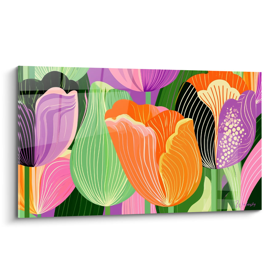Tableau Tulipes orange et vertes aux nervures graphiques - Pétales pointillés violets - Edition Tulipe