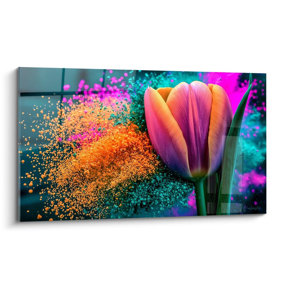 Tableau Tulipe orange et violette aux poudres colorées - Éruption de pigments - Edition Tulipe