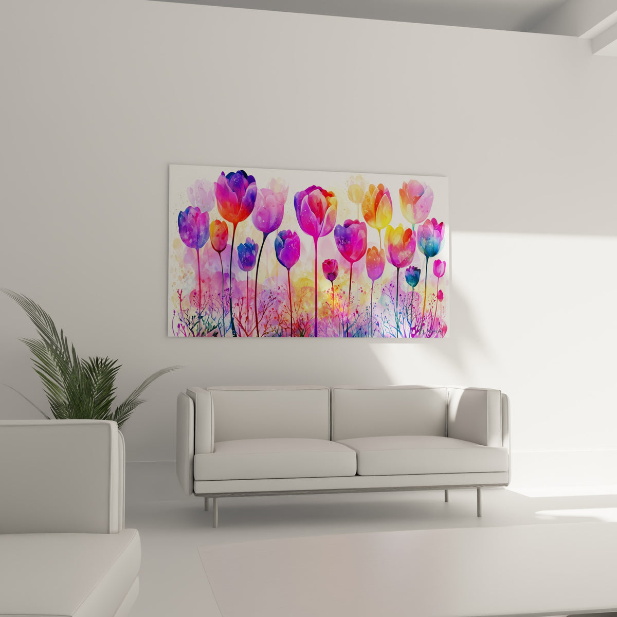 Fleurs de tulipe orange et violette suspendues au-dessus d'un canapé dans un salon lumineux