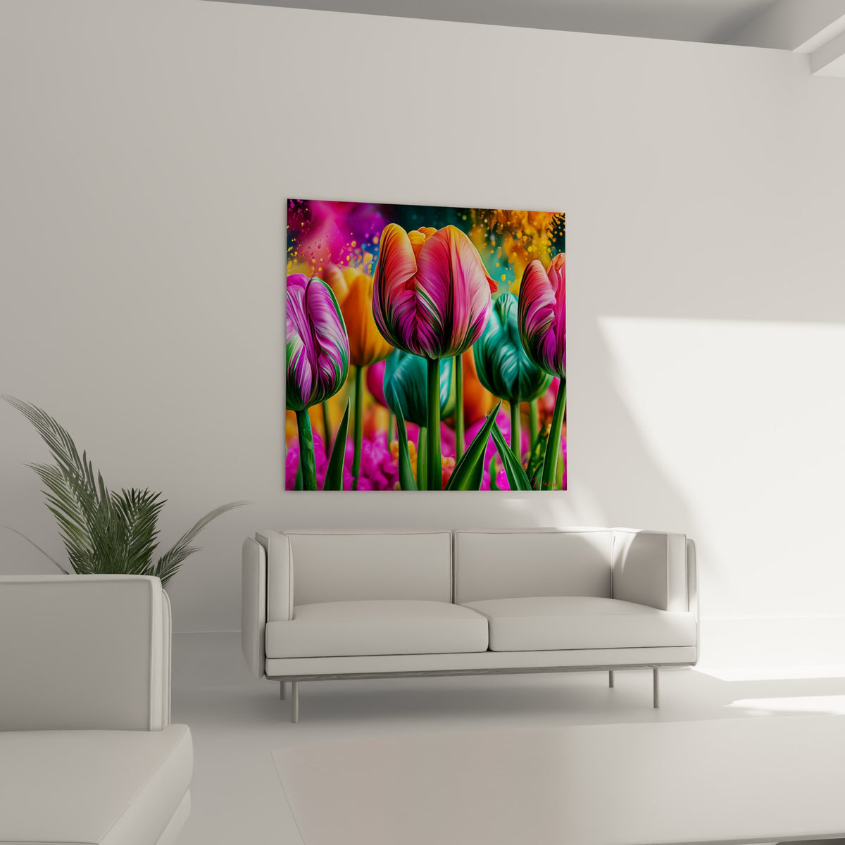 Tulipes orangées et violettes finement striées de vert, suspendues au-dessus d'un canapé dans un salon lumineux