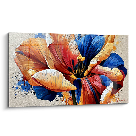 Tulipe orangée et bleu marine aux pétales veinés, cœur doré, éclaboussures sur fond ivoire