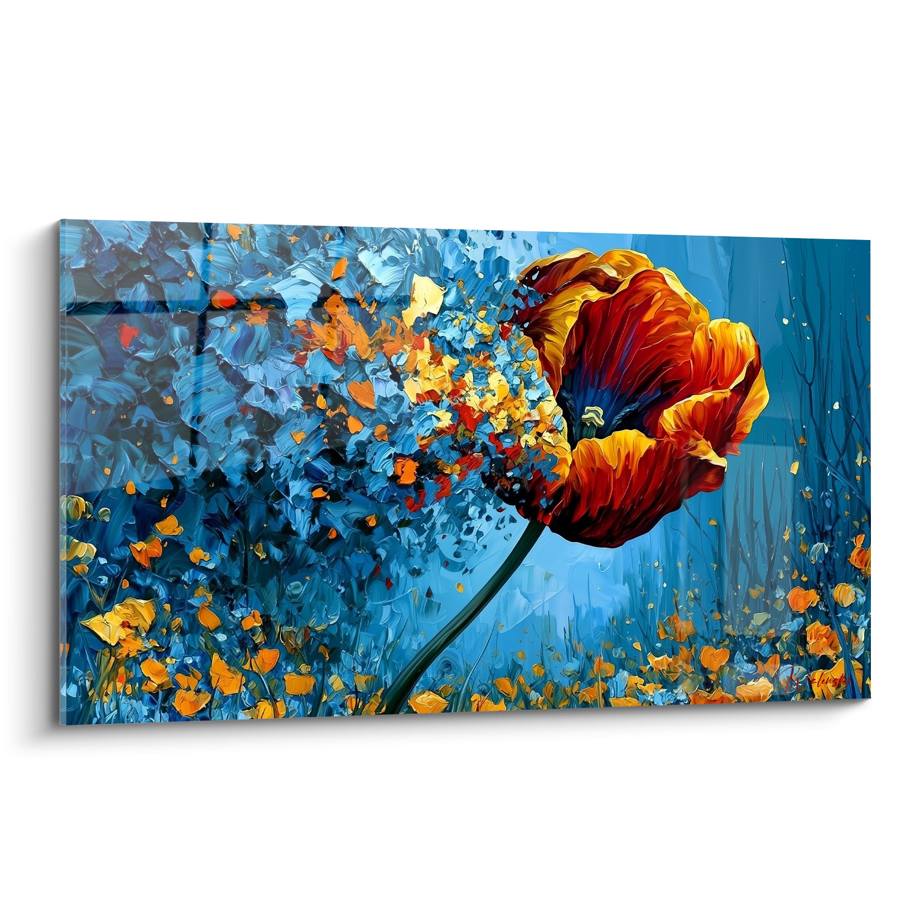 Tulipe rouge et orangée aux pétales éclatés sur fond bleu profond, style empâté