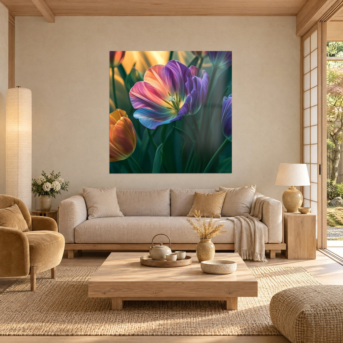Tableau tulipe épanouie aux pétales violets et corail, étamines dorées, au-dessus d'un canapé dans un salon lumineux