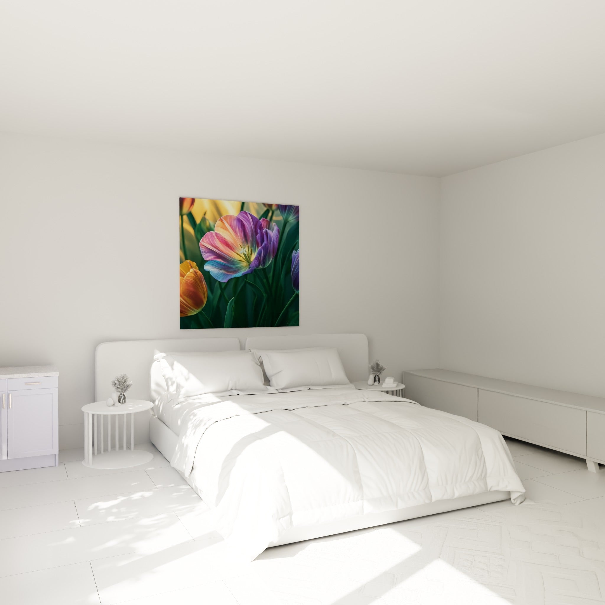 Pétales violets et orangés d'une tulipe éclatante, accrochée au-dessus d'un lit dans une chambre claire