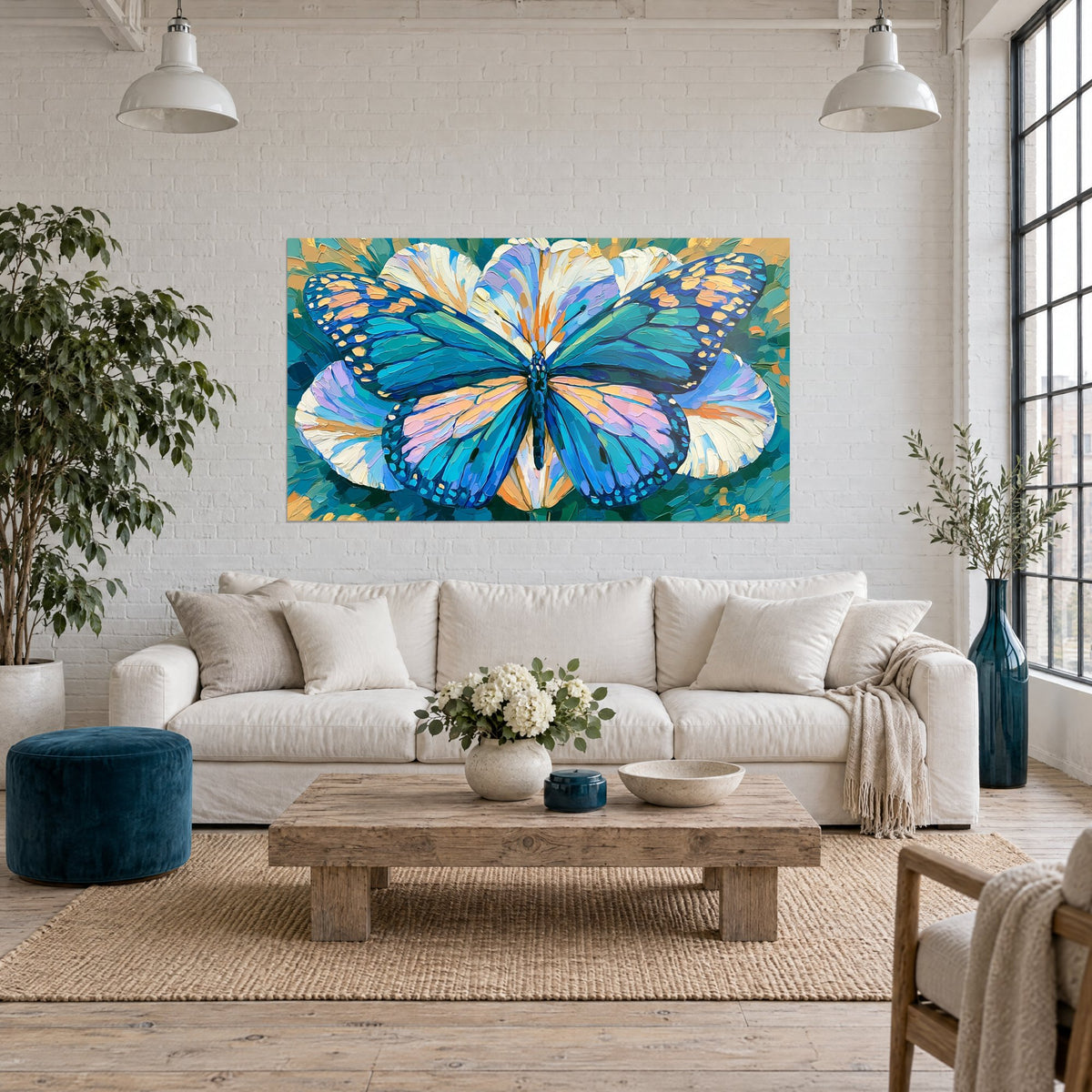 Tableau papillon aux ailes turquoise et orangées posé sur des pétales ivoire, au-dessus d'un canapé dans un salon lumineux