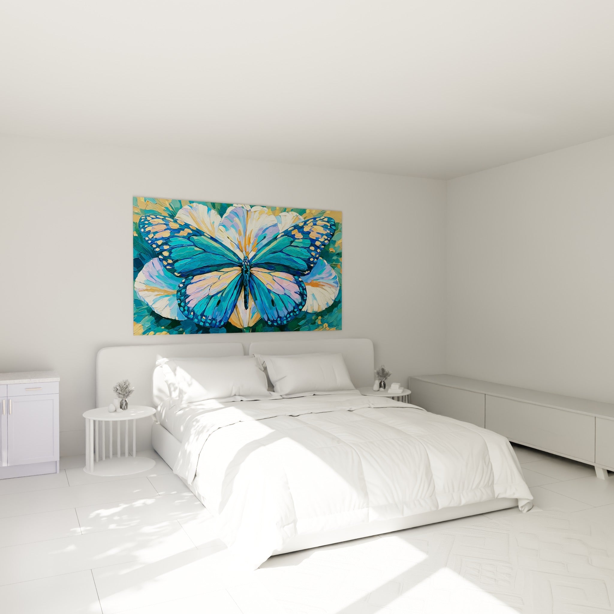 Ailes bleu marine et pastel du papillon sur tulipe blanche, au-dessus d'un lit dans une chambre claire