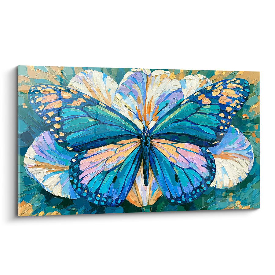 Tableau Papillon bleu et pétales de tulipe blancs - Envol délicat - Edition Tulipe