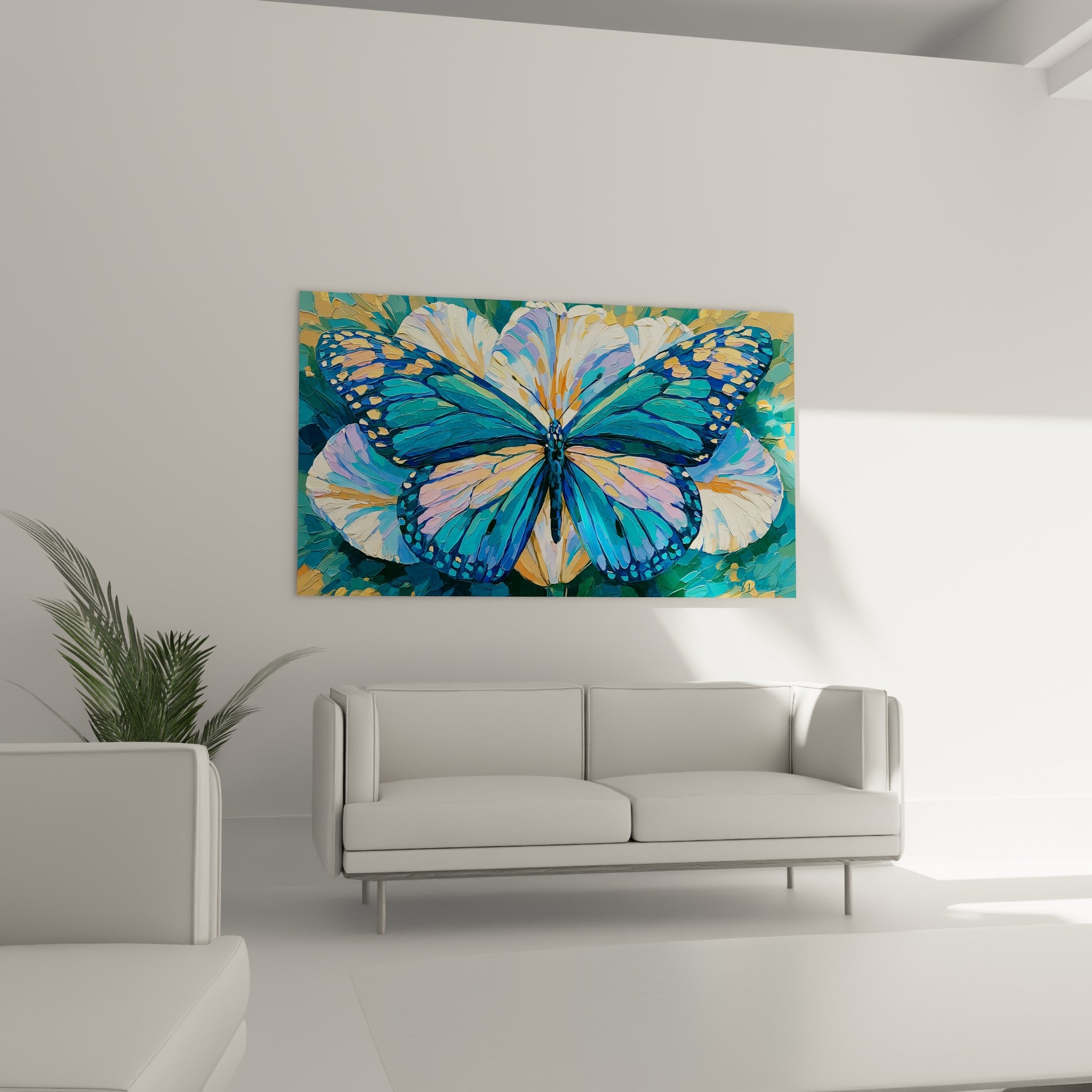 Motifs turquoise et corail du papillon sur pétales blancs, au-dessus d'un canapé dans un salon lumineux