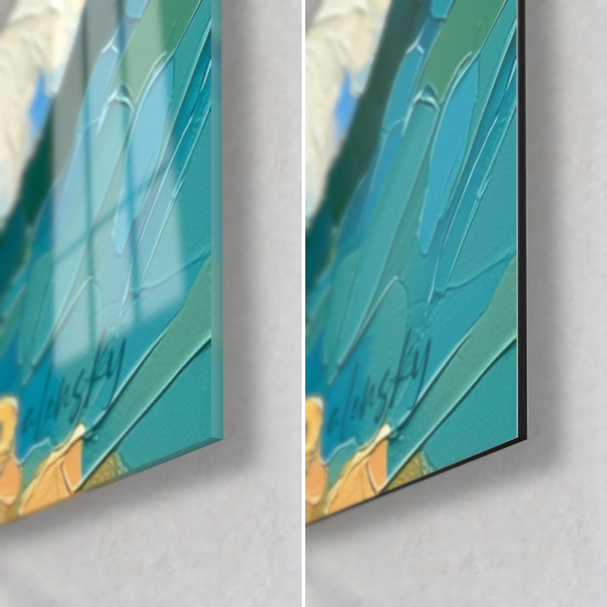 Tableau papillon bleu en pâte épaisse, coin bas droit : verre acrylique brillant à gauche, alu Dibond mat noir à droite