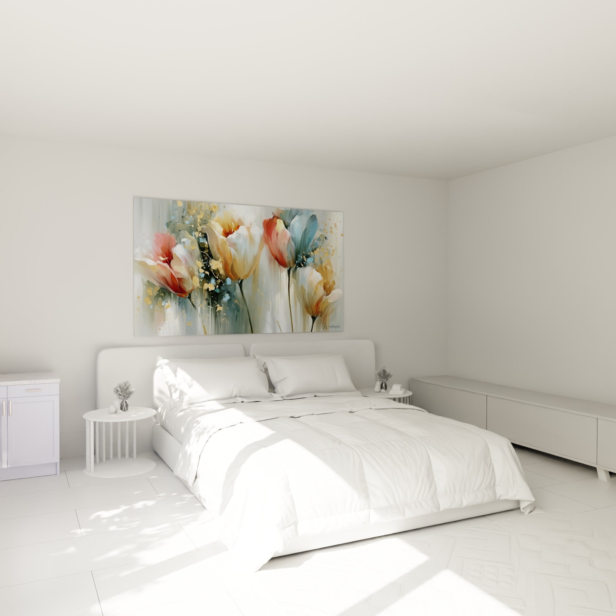 Bouquet de tulipes pastel et bleu gris accroché au-dessus d'un lit dans une chambre claire