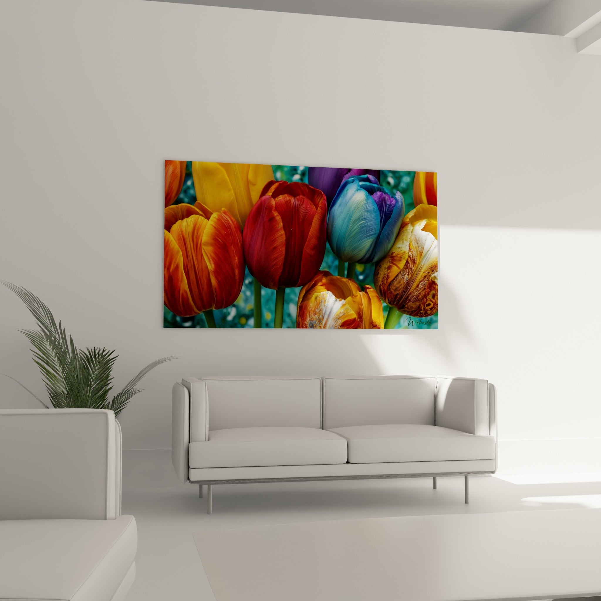 Pétales de tulipes bleu pastel et rouge bordeaux disposés en rang, au-dessus d'un canapé dans un salon lumineux