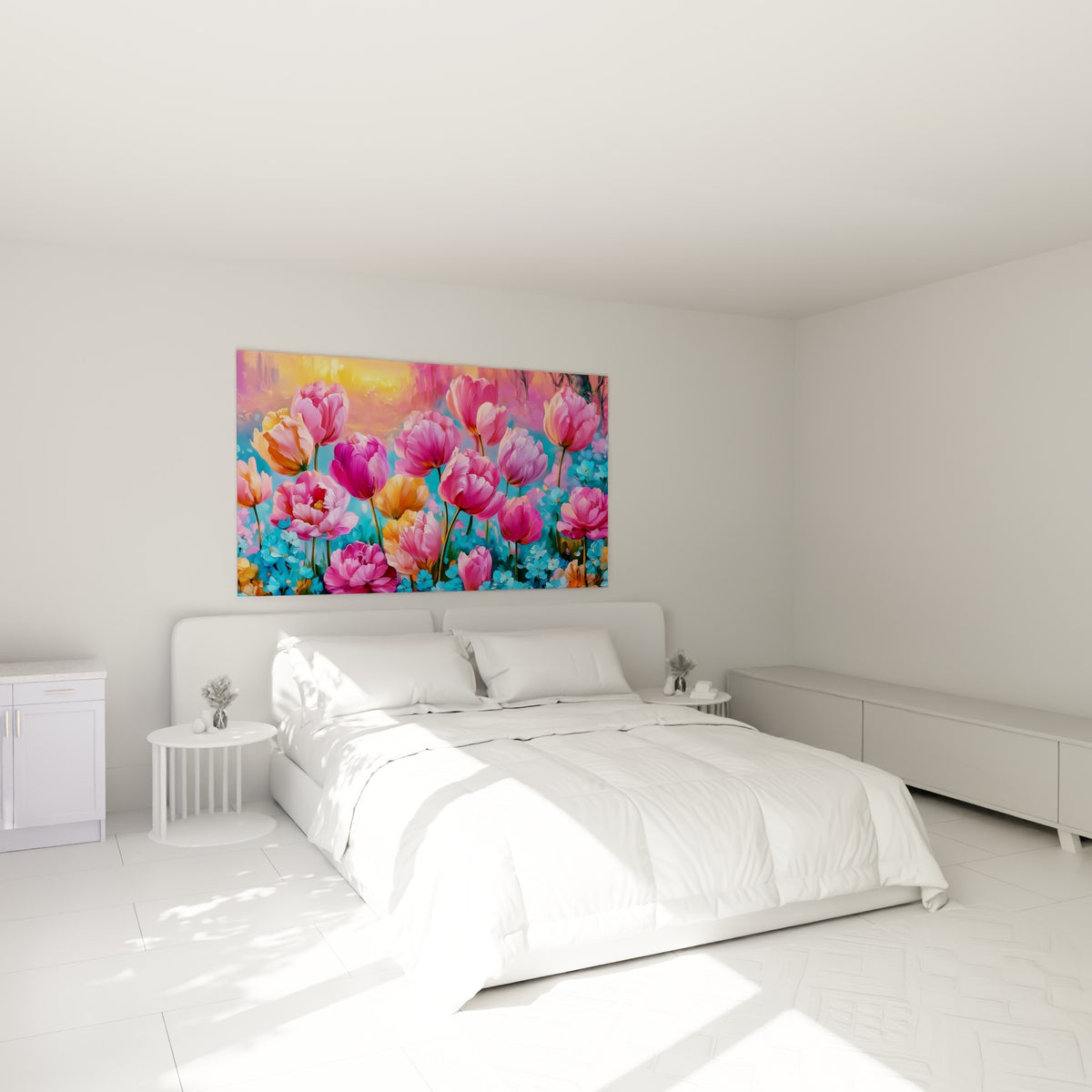 Bouquet de tulipes roses et pêche accroché au-dessus d'un lit dans une chambre claire