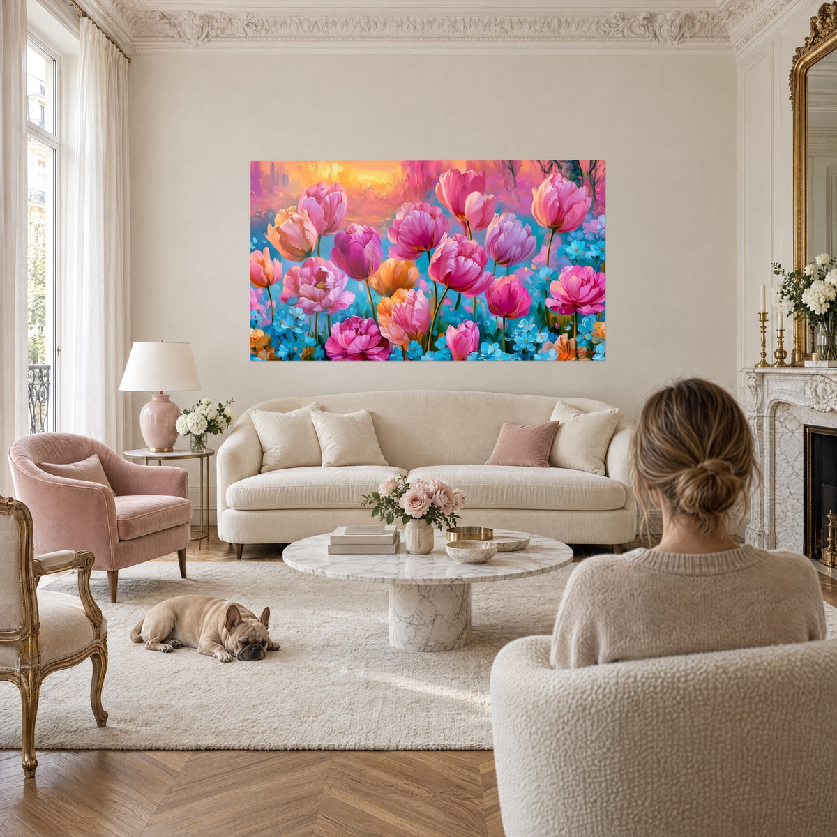 Gemälde Tulpen in Fuchsia und Pfirsichorange auf türkisfarbenem Grund, goldener Himmel, über einem Sofa in einem hellen Wohnzimmer