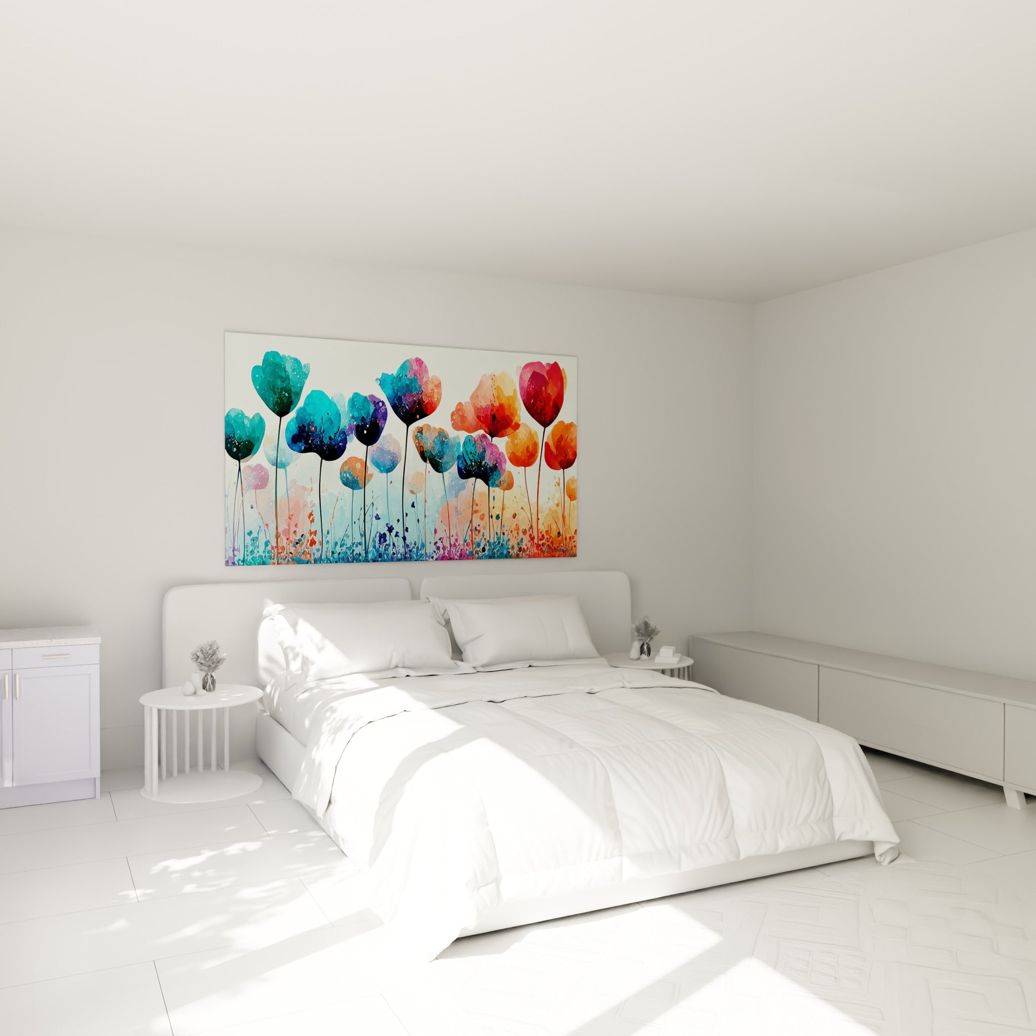 Tulipes turquoise et corail aux tiges fines, accrochées au-dessus d'un lit dans une chambre claire